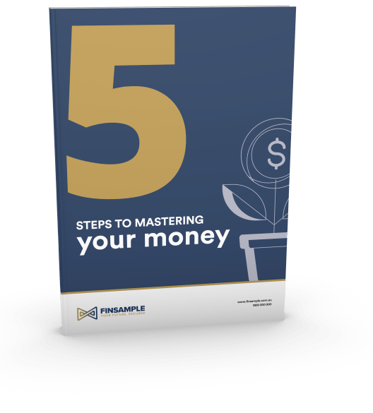 The image shows a book cover titled "5 Steps to Mastering Your Money." The design features a large number "5" in gold on a dark blue background. There is an illustration of a plant with a dollar sign on it. The bottom of the cover has the logo and name "FINSAMPLE" along with some additional text.
